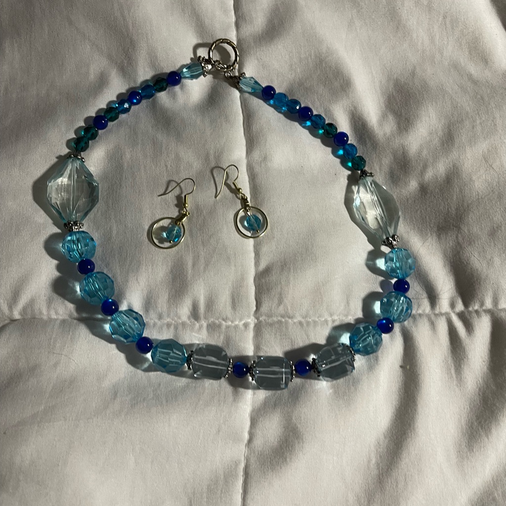 Blue And Silver Beaded Necklace And Earring Set